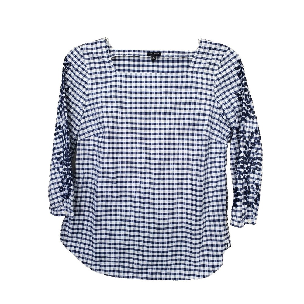 TALBOTS Cotton Blue Gingham Embroidered Eyelet Sleeve Square Neck Top M